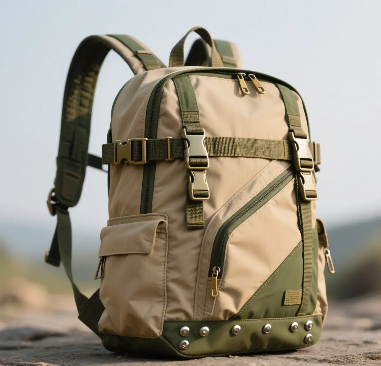 Waterproof roll-top backpack being packed on a tailgate with dense items placed against the back panel in the middle zone