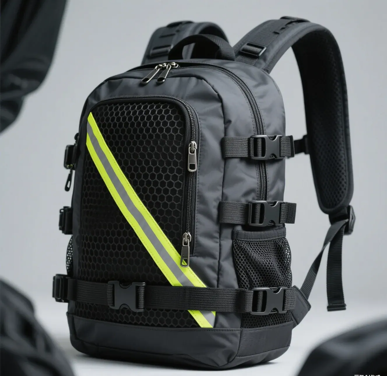Waterproof hiking backpack in the 30 litre class packed for a three day coastal walk with the roll top collar folded four turns and compression straps pulled in