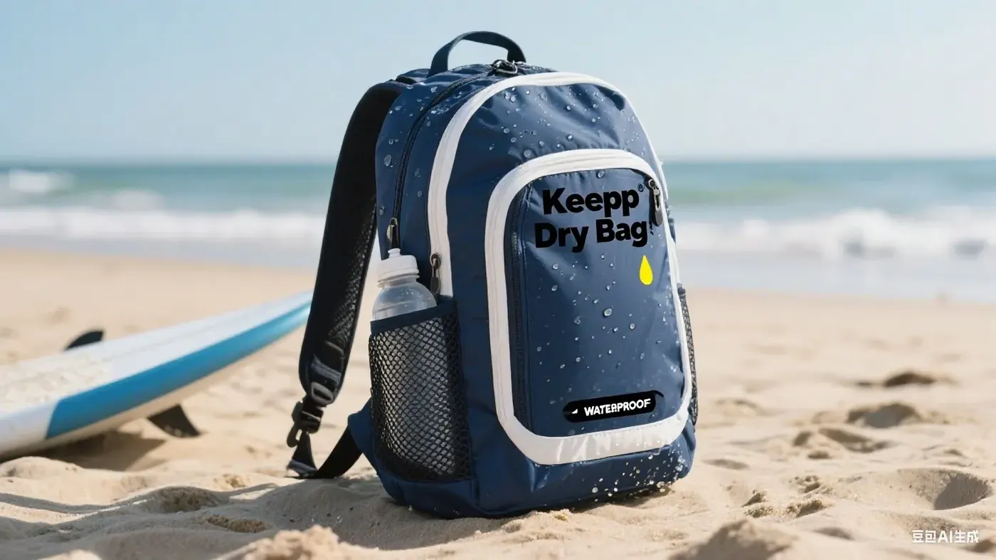 Waterproof backpack lying flat on a kayak forward deck under crossed shock cords with a cam strap anchored to a pad eye