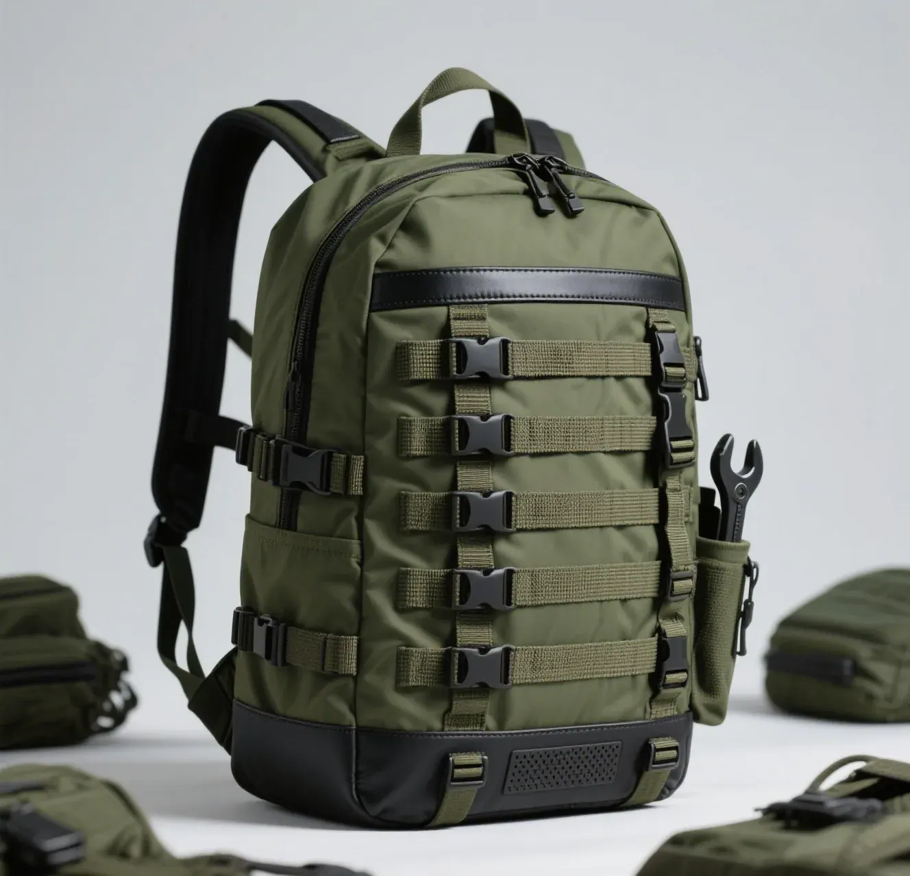 Waterproof backpack standing open and inverted on a drying rack with the roll top collar unfolded after a pre trip water test