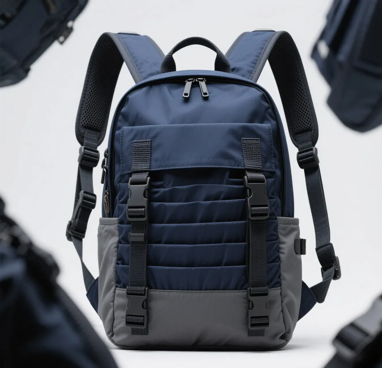 Waterproof backpack photographed on a workbench beside a kitchen scale and paper towel indicators during a documented pre trip leak check