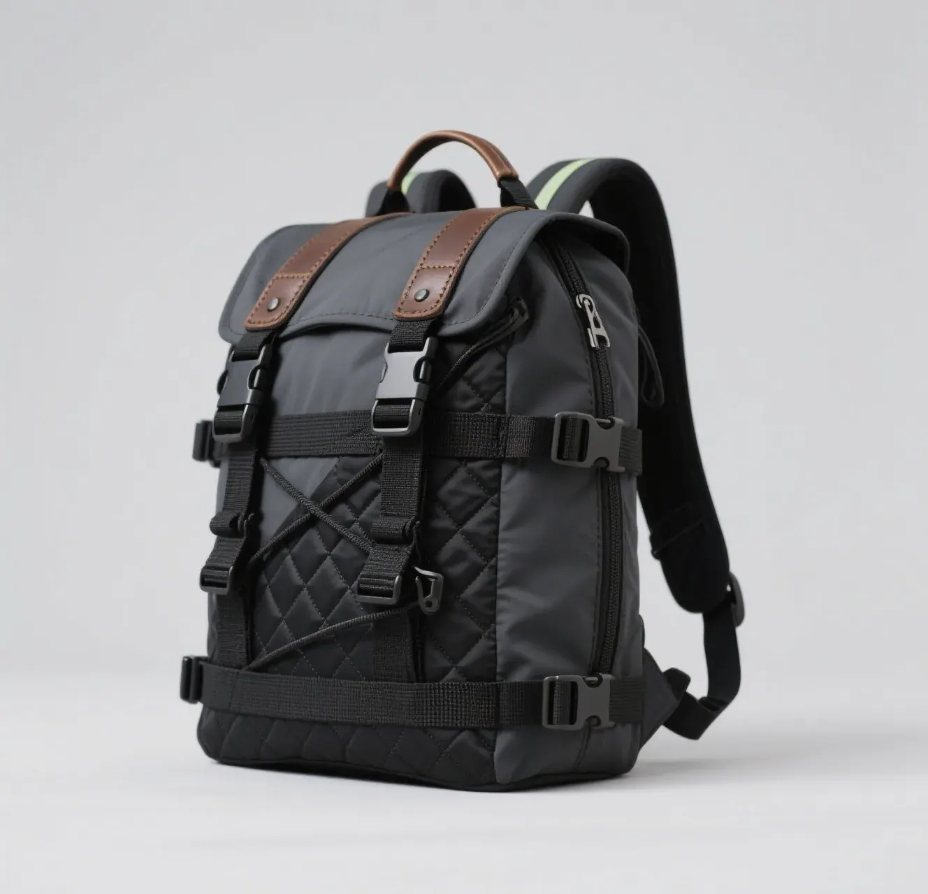 Waterproof backpack shell held up to the light showing fine crazing along the roll top fold lines and a dull chalky surface finish