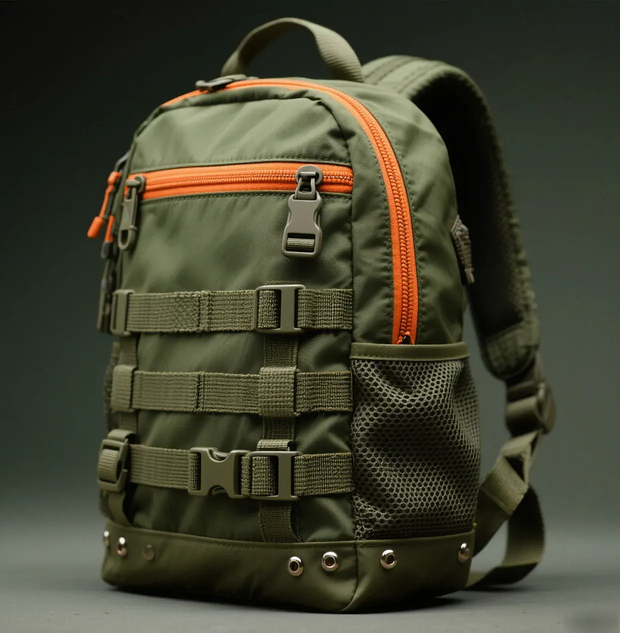 Waterproof backpack hanging open and uncompressed in a cool interior cupboard with the collar unrolled and a small hygrometer beside it