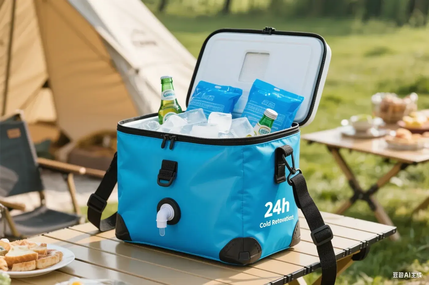 Waterproof backpack measured with a tape measure beside a written calculation showing how a 30 litre body encloses 35.5 litres of bounding box