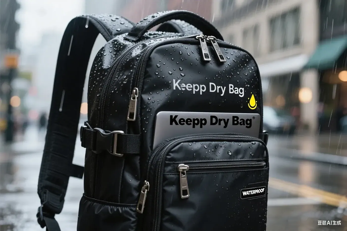 Waterproof travel backpack standing upright in an airport overhead sizing gauge with the compression straps pulled and the roll top collar rolled down