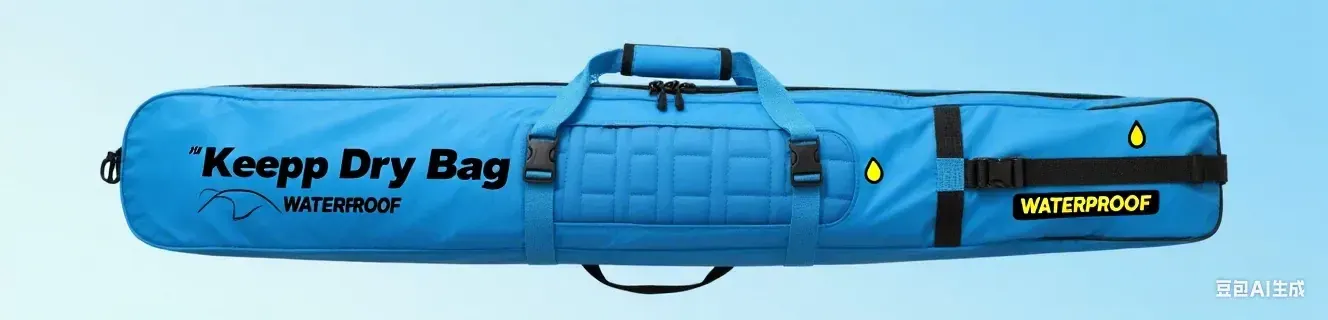 Waterproof backpack laid out flat with its metal hardware, printed logo panel and dyed lining separated for a materials review