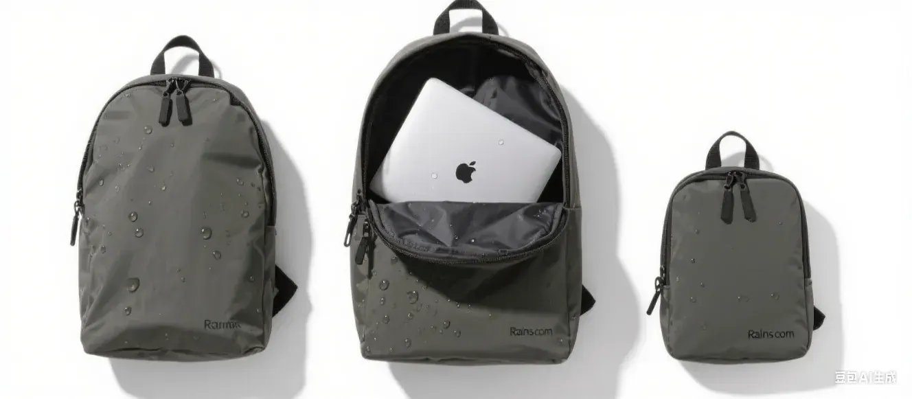 Waterproof backpack on a laboratory bench beside a printed test report and labelled material swatches from the same batch