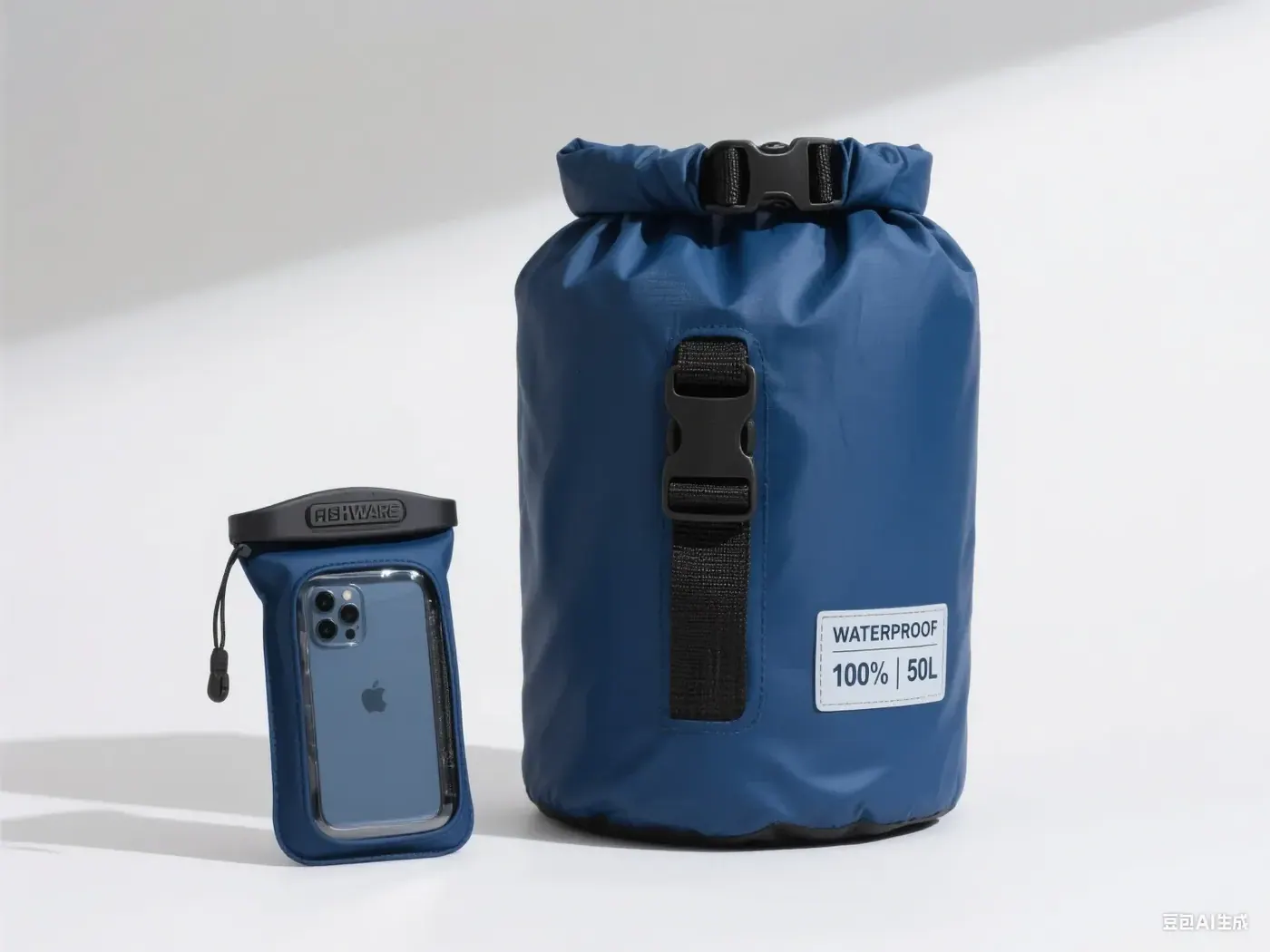 First sample waterproof backpack on a workbench beside a printed specification sheet, a tape measure and labelled material swatches