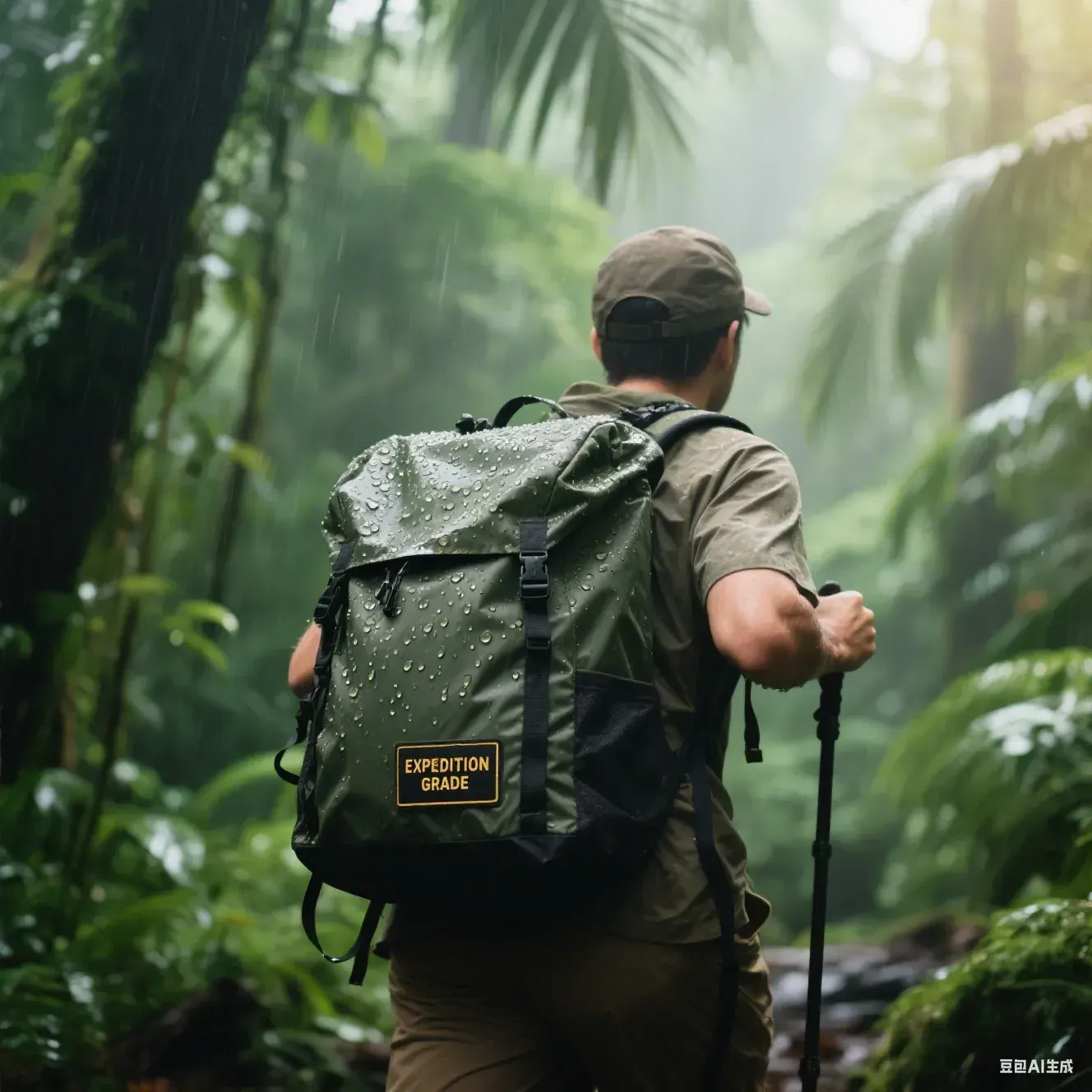 Waterproof roll-top backpack standing upright on a stone surface with the collar rolled three turns and clipped shut, showing welded side seams