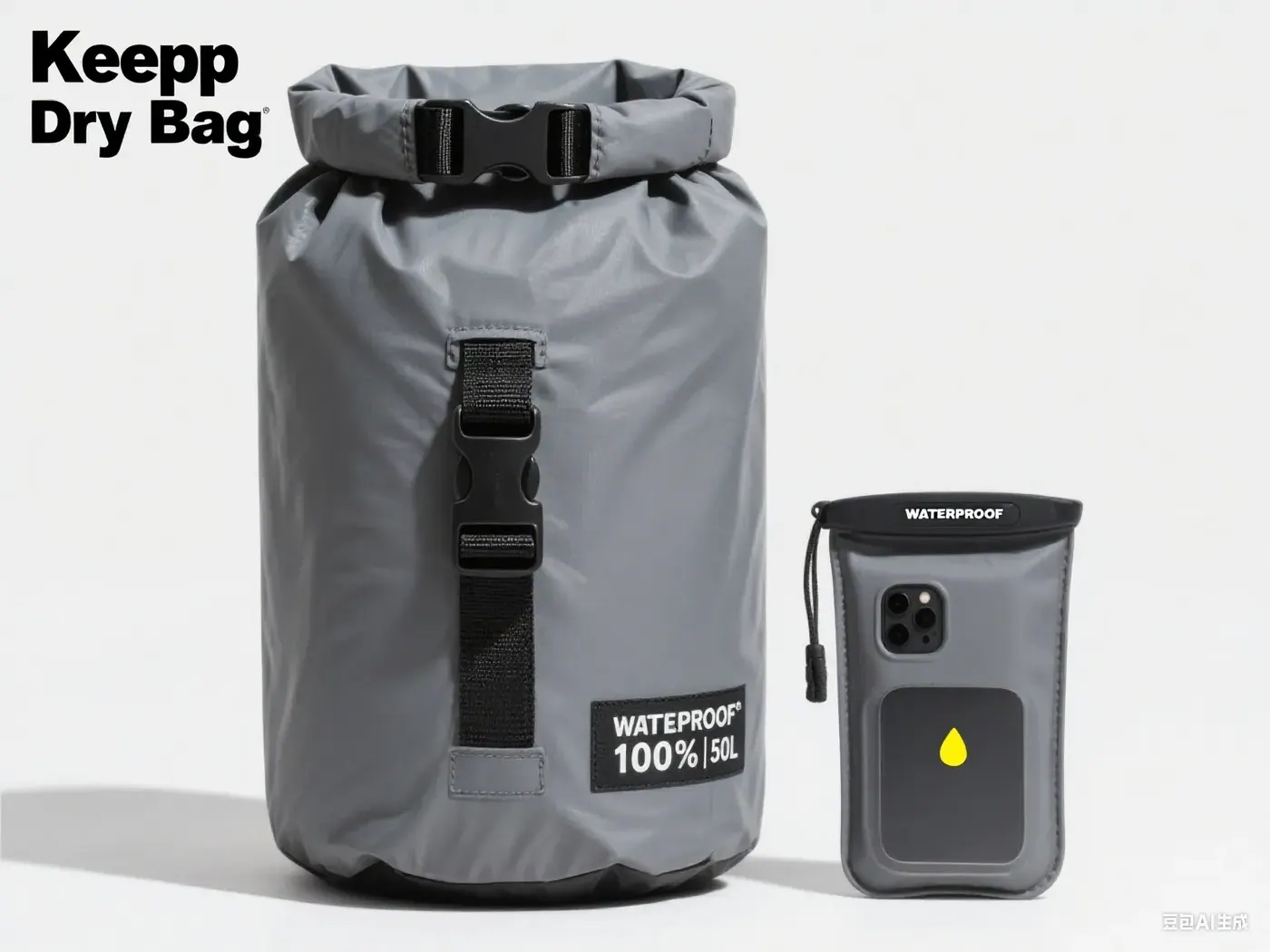 Private label waterproof backpack laid flat with a printed logo panel, a woven brand label and a branded zip puller visible