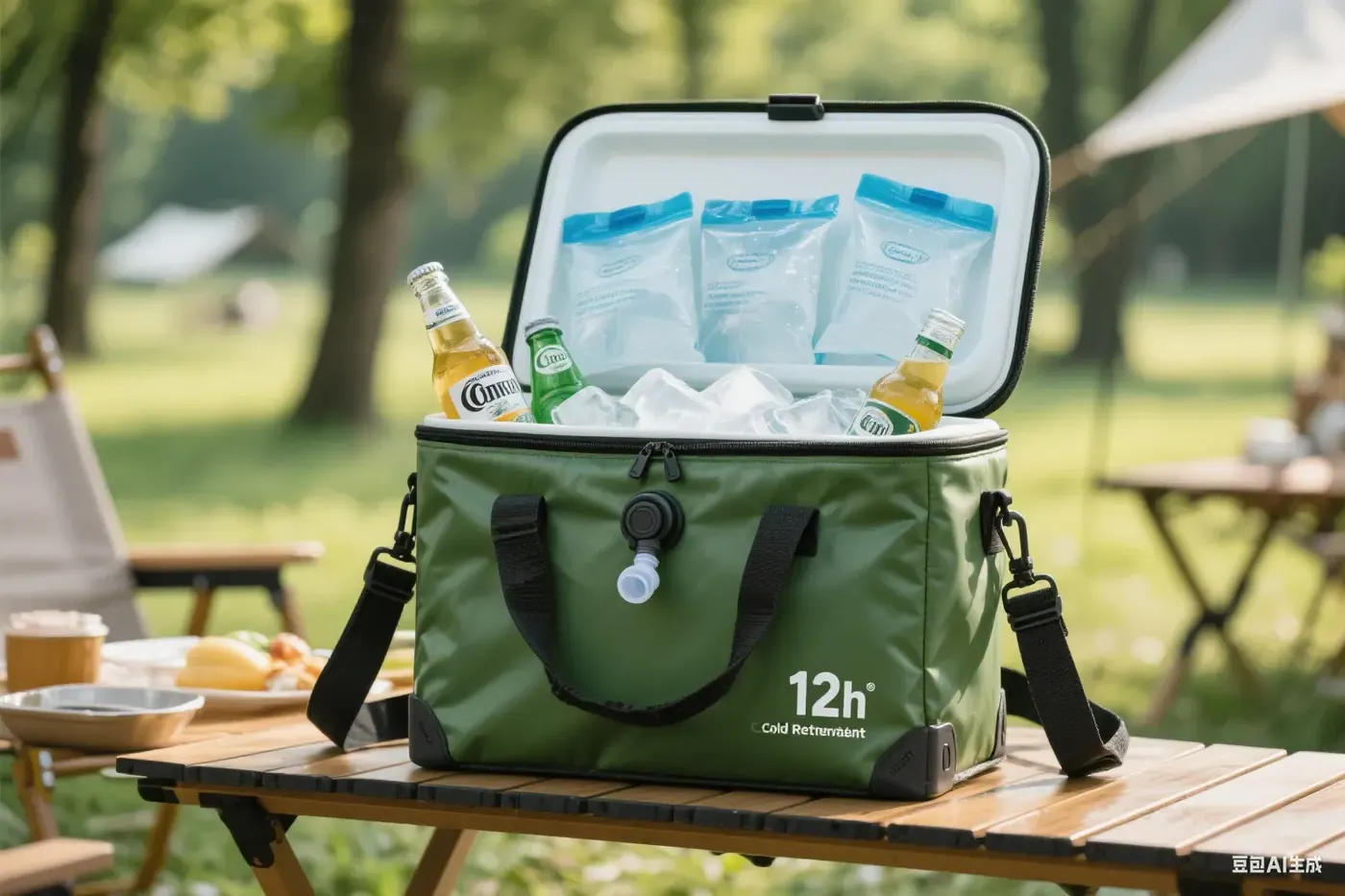 Finished private label waterproof backpacks in branded cartons on a packing bench with hangtags attached to the shoulder straps