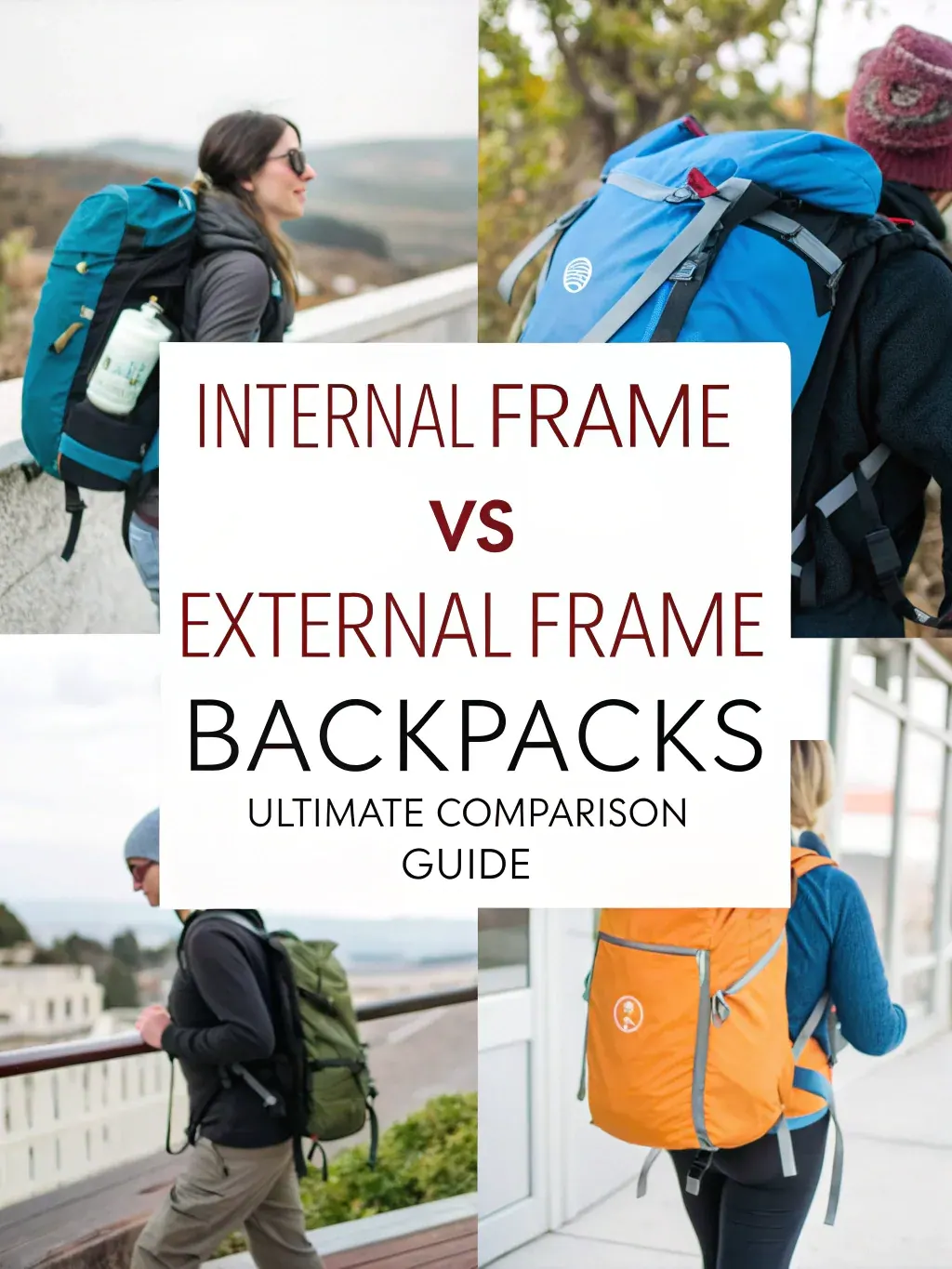 Large waterproof trekking backpack with a welded roll-top body standing upright on a wet trail with a compression sack and a tent strapped to the base