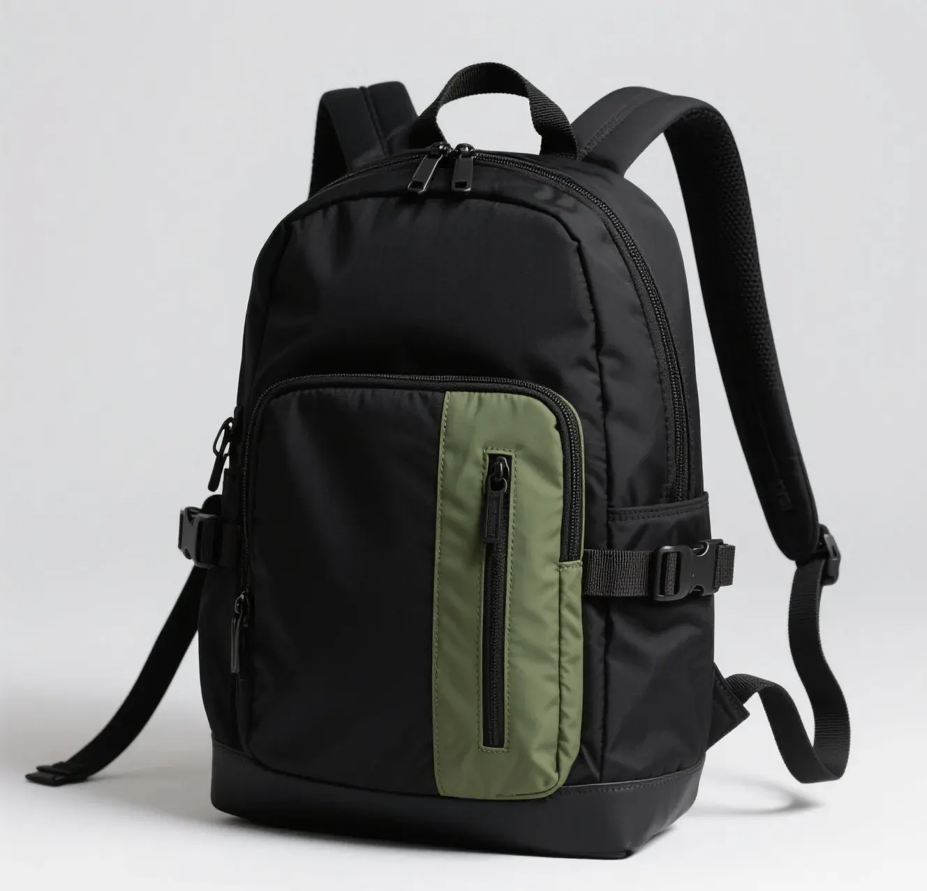 Aged waterproof backpack panel flexed by hand to reveal coating bubbles and whitening along the fold line