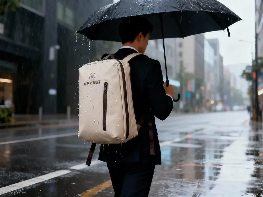 Waterproof travel backpack opened flat on a table showing a padded 16 inch laptop bay and cable pockets