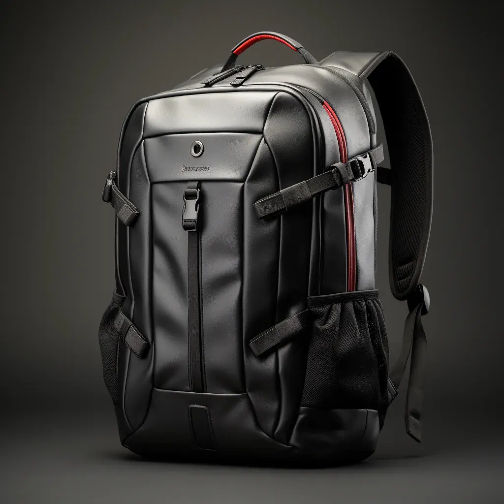 Waterproof laptop backpack open flat on an office desk with a 15 inch laptop and charger in the sleeve