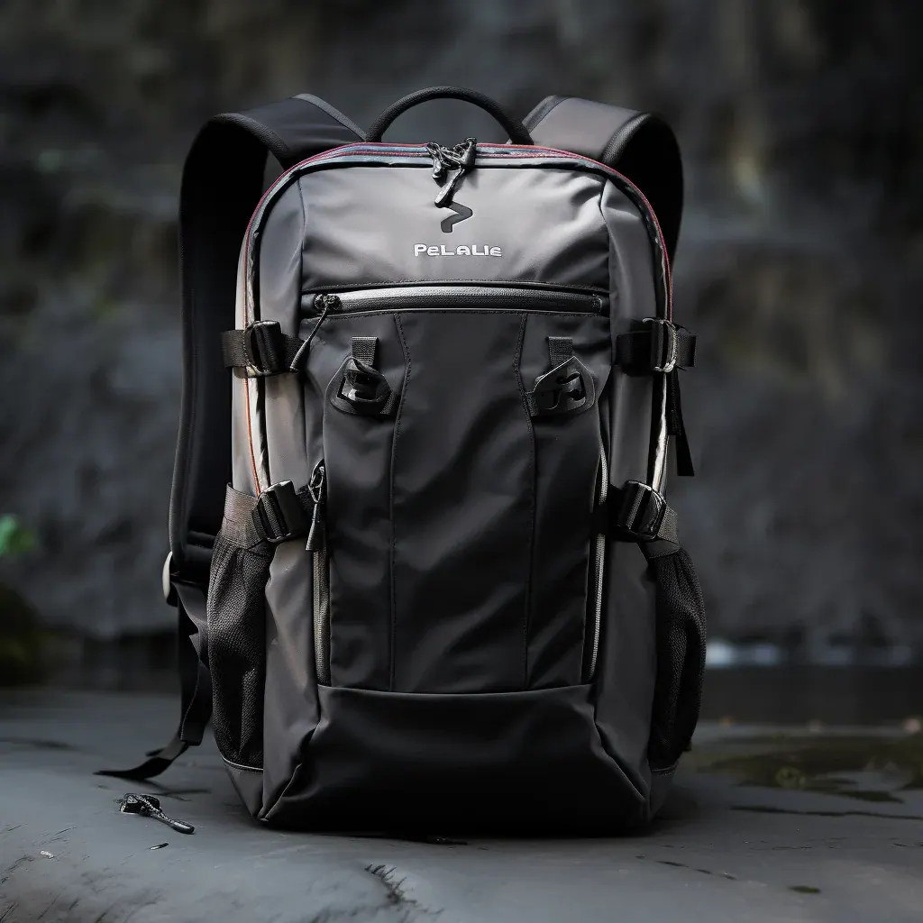 Waterproof backpack rear compartment opened flat showing a suspended 15 inch laptop sleeve beside a rolled dry bag