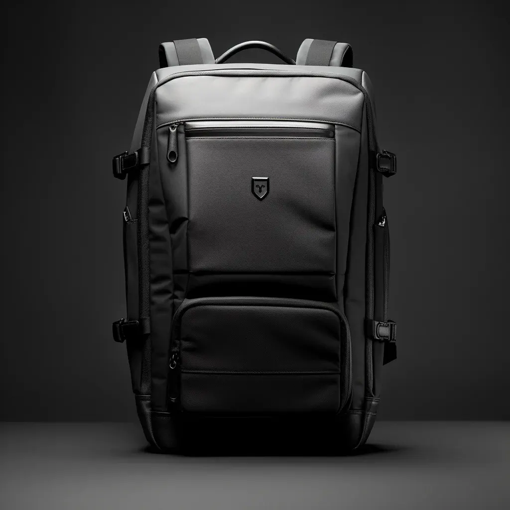 Waterproof commuter backpack with a padded 15 inch laptop compartment resting on a rain-soaked city pavement