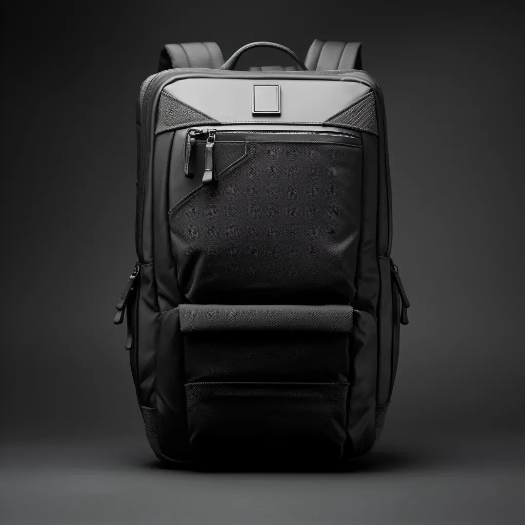Waterproof laptop backpack standing upright on a wet office floor with the front panel and base seams visible