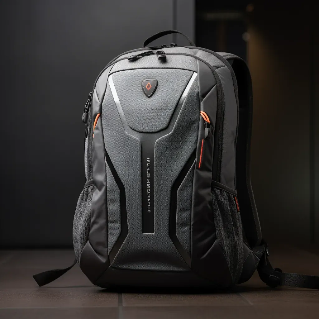 Waterproof laptop backpack with a welded body and sealed closure shown open on a bench beside a pressure gauge and test rig