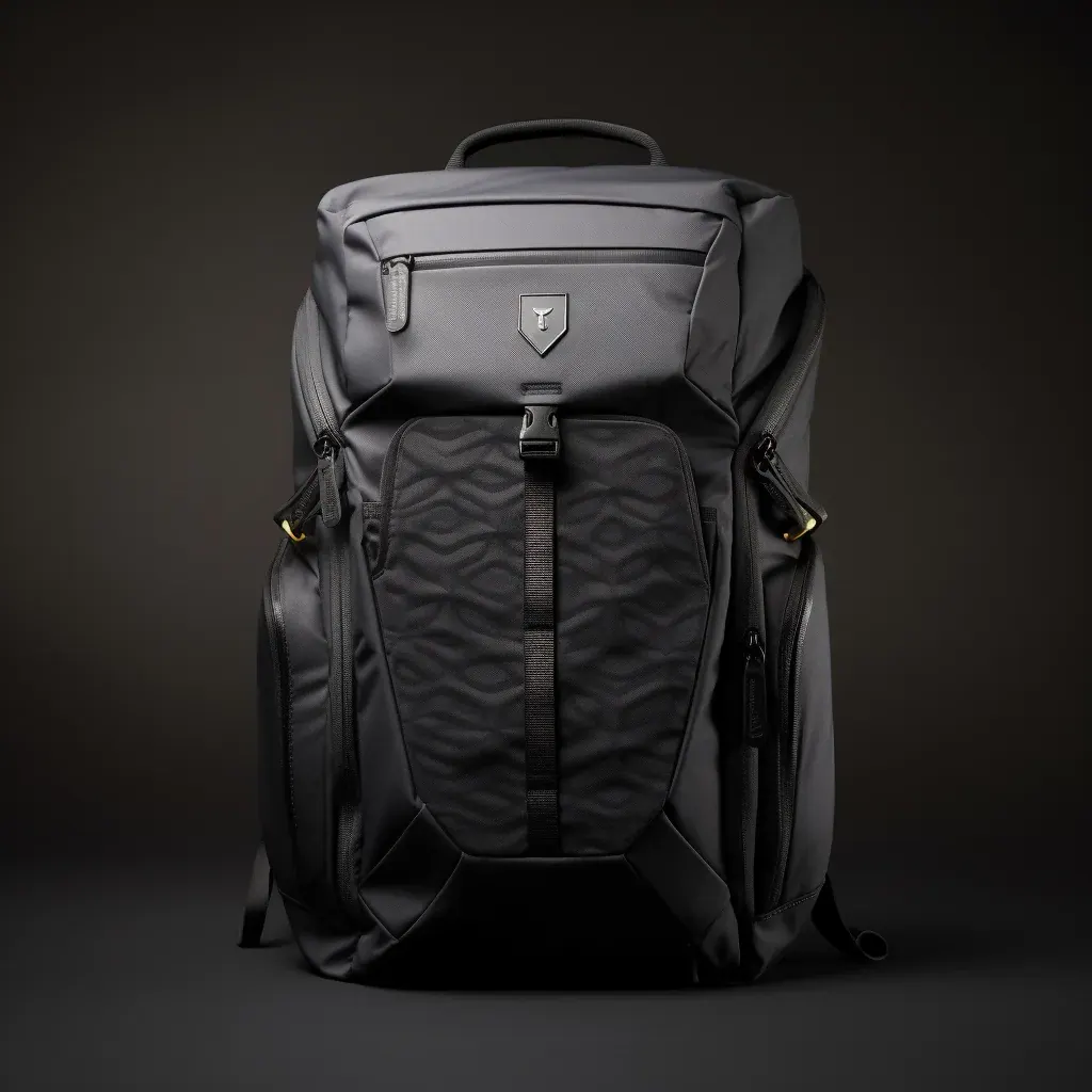 Waterproof laptop backpack worn on a wet city street with rain beading on the outer panel and the storm flap folded over the closure