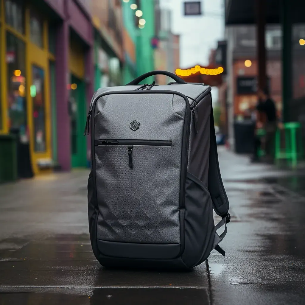 Waterproof laptop backpack on a wet platform with a suspended padded sleeve protecting electronics above the base