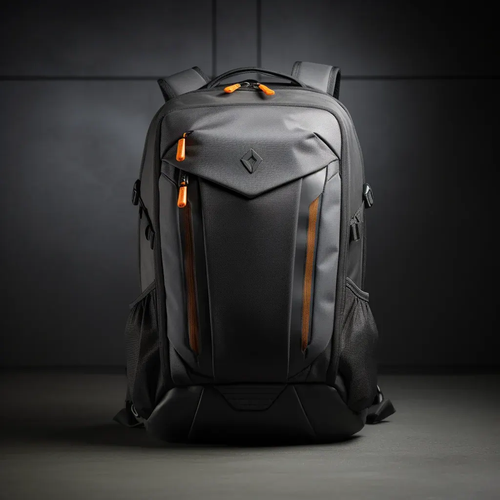 Waterproof sling pack opened on a desk with a tablet and a small dry pouch for electronics inside