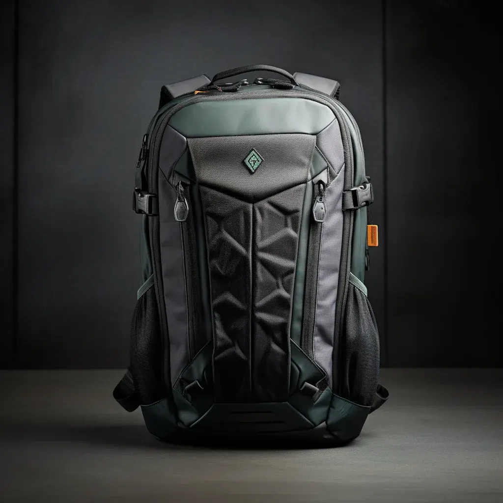 Waterproof backpack stored with the roll top unfolded and all buckles released on a shelf in a cupboard