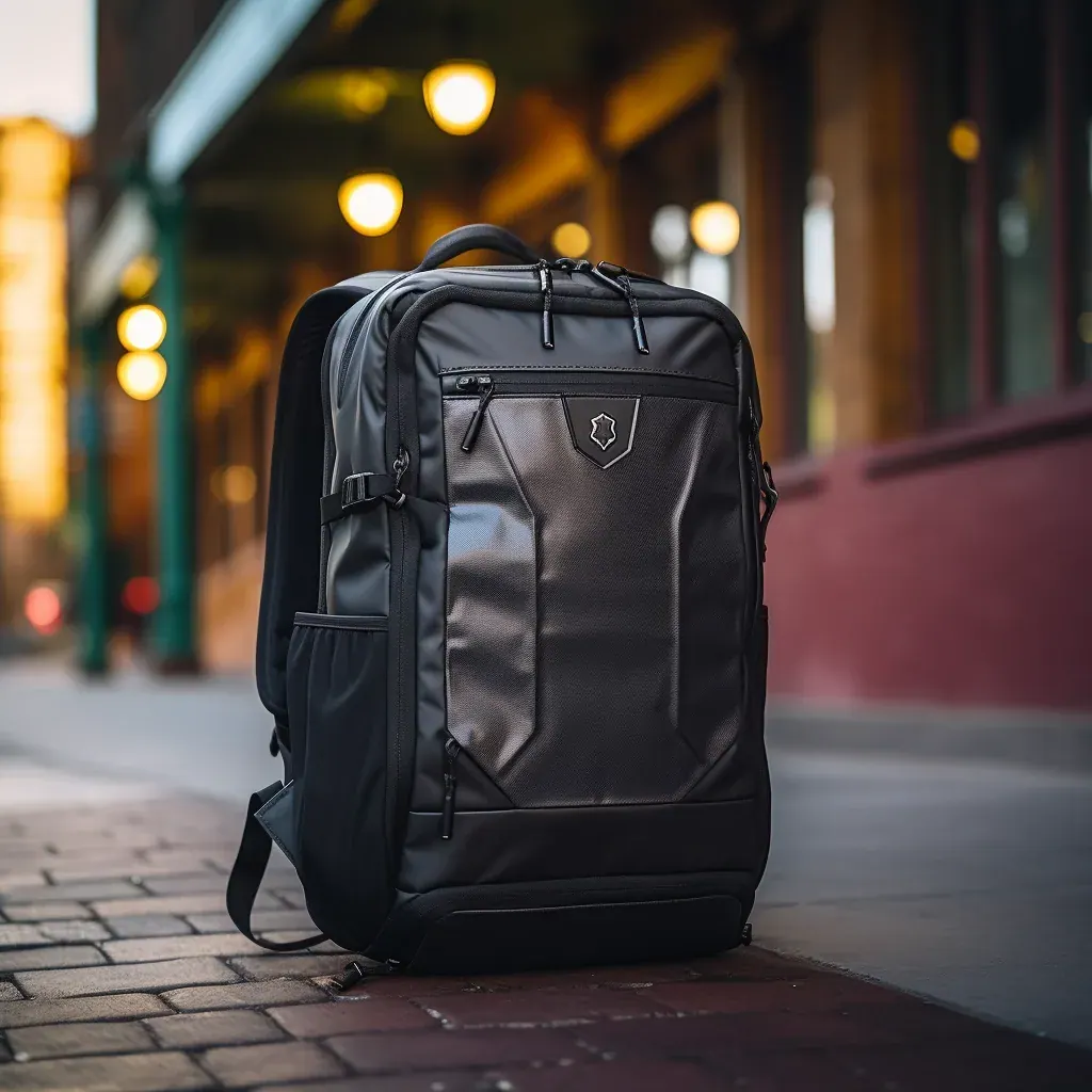 Waterproof laptop backpack set upright on a bench while the wear zones along its base and shoulder panel are treated with reproofing spray