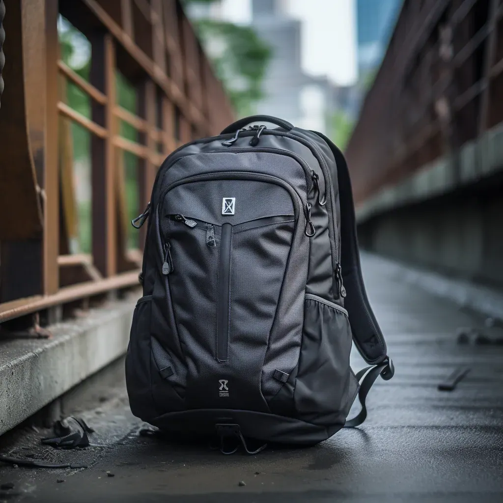 Waterproof laptop backpack on a test bench with a tape measure across the device sleeve and a loaded drop test being set up at one metre