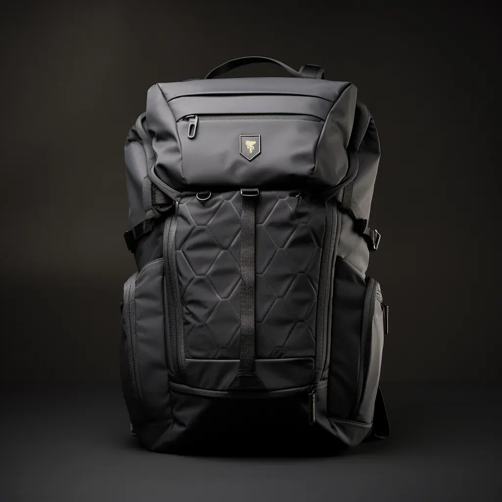 Waterproof laptop backpack worn from behind with reflective piping tracing the shoulder straps and the lower edge of the back panel