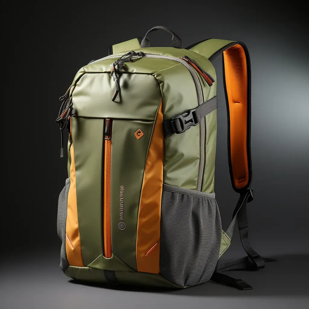 Waterproof hiking backpack open in a warm hallway with the collar folded back, a padded sleeve holding a folded map tablet and crampons drying beside it on a mat