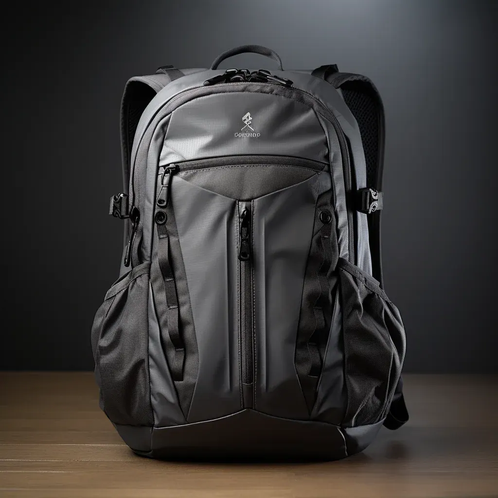 Waterproof trekking backpack opened at camp showing a padded sleeve holding a folded tablet and a document wallet inside the main dry compartment
