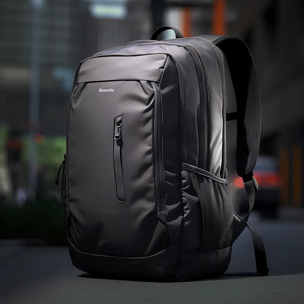 Open waterproof touring backpack showing a raised padded electronics sleeve, document wallet and cable pouch inside the dry compartment