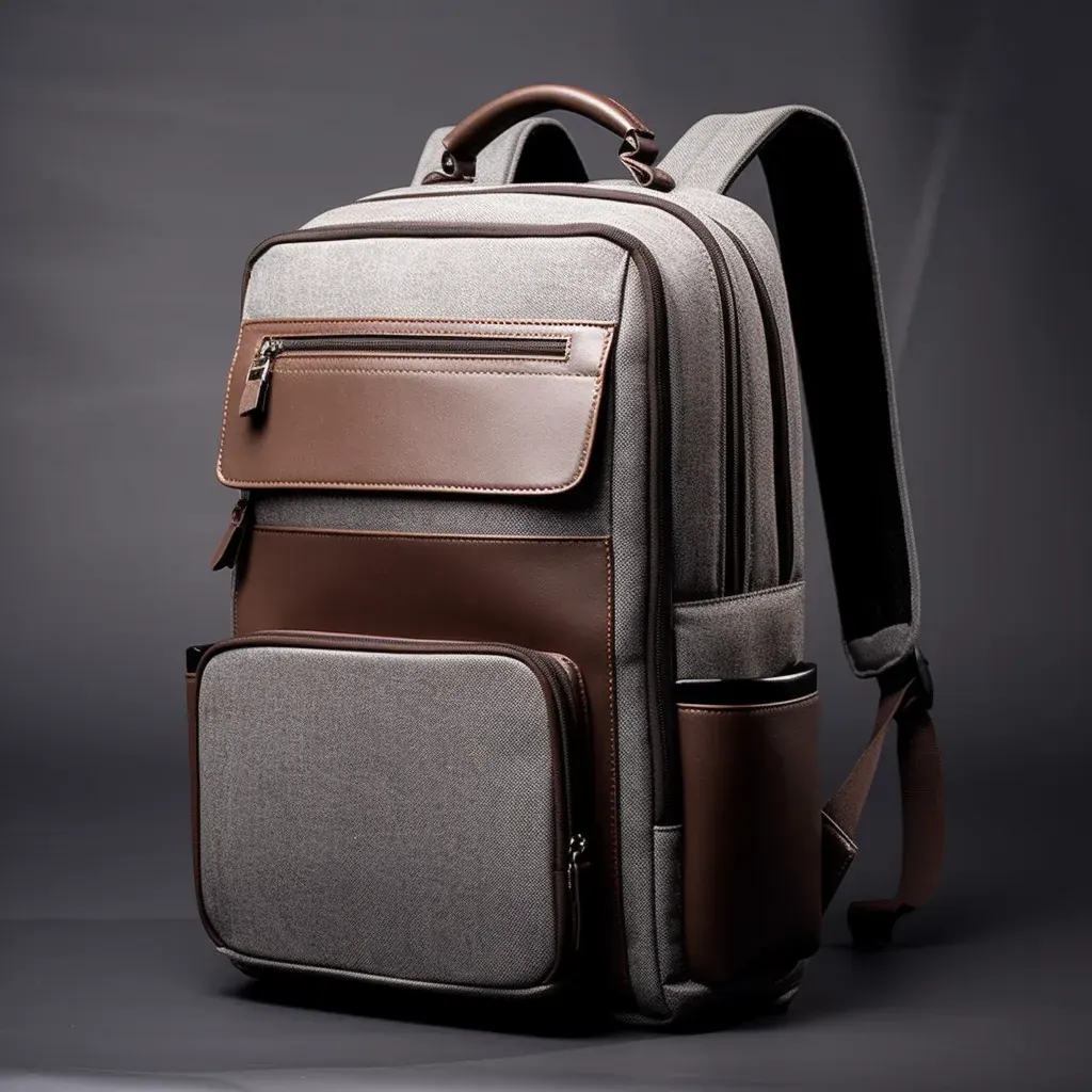 Waterproof backpack with a padded laptop compartment open beside a welded document pouch and a small desiccant sachet resting on the dry side lining