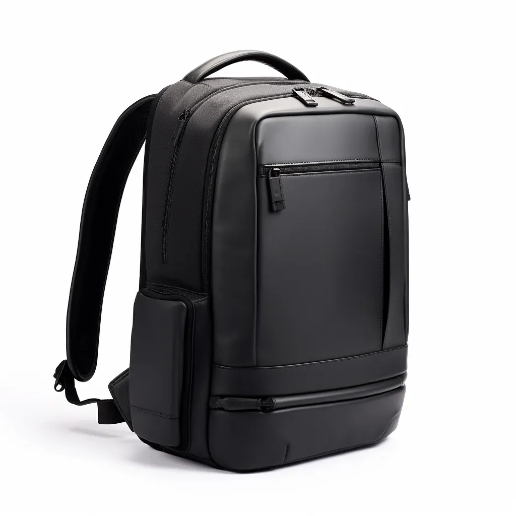 Waterproof commuter backpack with a suspended laptop sleeve open on a city street in rain showing the quick-access side pocket