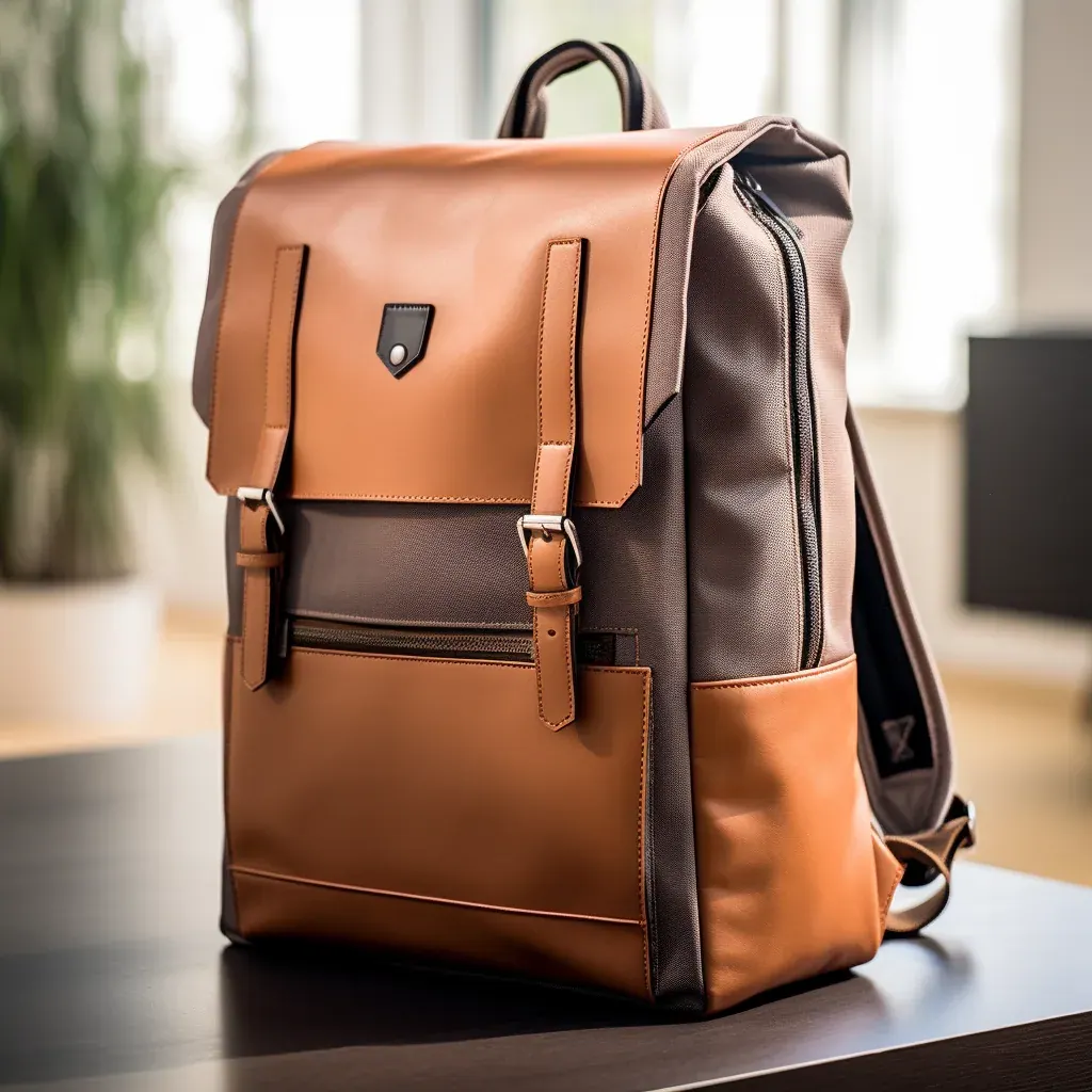 Waterproof backpack opened on a wheelchair user lap showing a front-facing opening and a long pull tab on the main closure