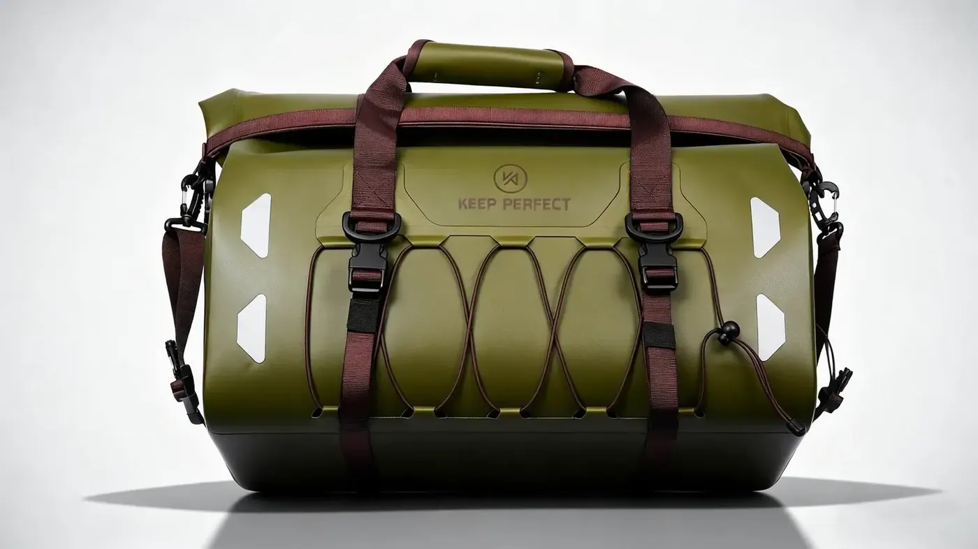 Waterproof backpack strapped to the deck of a sailboat in light rain with a coiled lanyard clipped to its grab loop