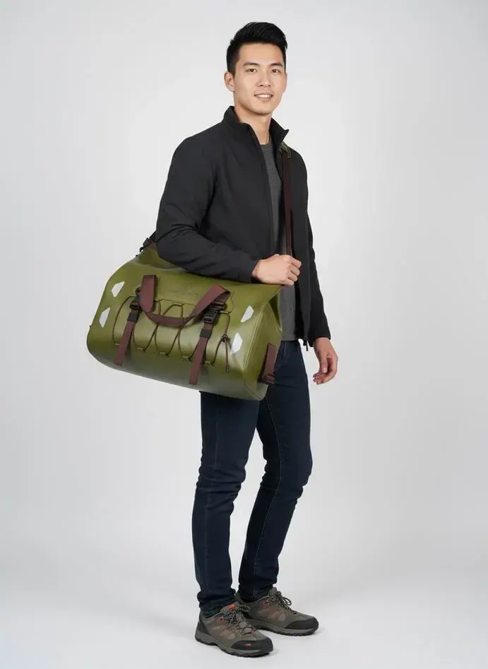 Loaded waterproof backpack worn on a long wet trail with the hip belt carrying the load over rough ground