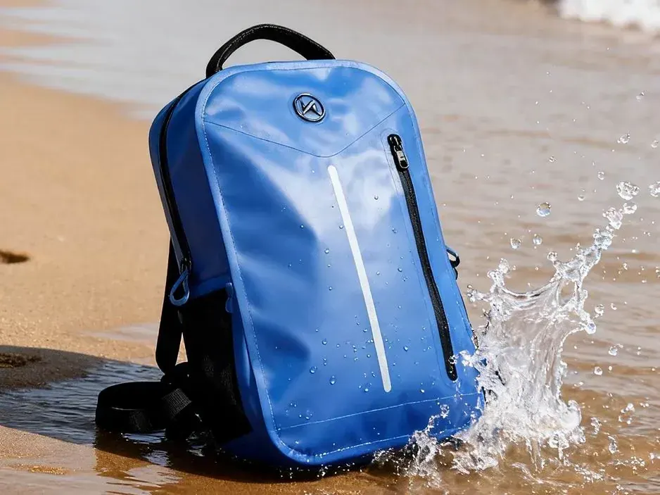 Waterproof backpack on a wet rock ledge with the base panel darkened where the face cloth has wetted out after prolonged contact with standing water