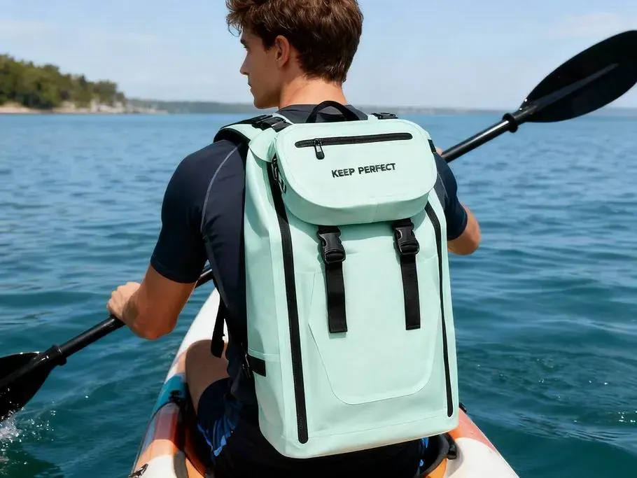 Top-loading waterproof outdoor backpack with the roll-top mouth folded three times and buckled above the load line