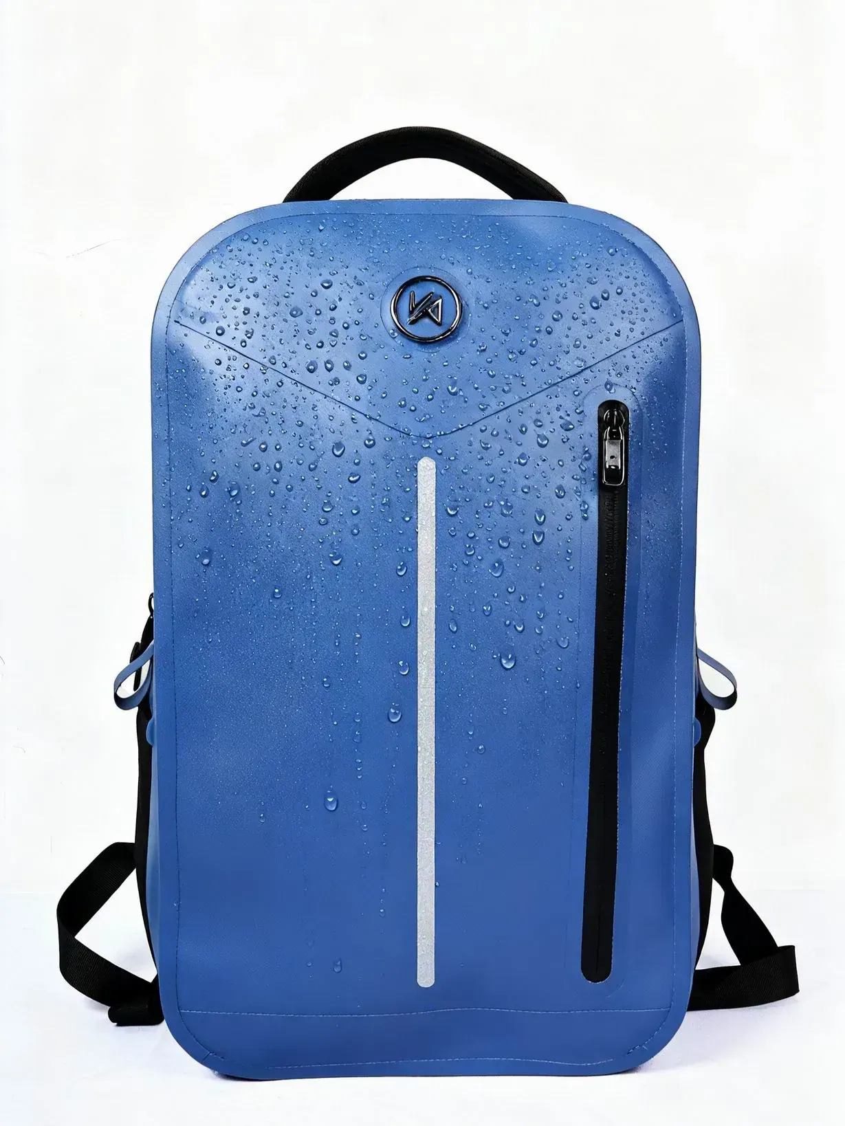 Waterproof outdoor backpack in the 50 litre class loaded for a week long trek with side compression straps tightened and a coiled rope lashed under the lid