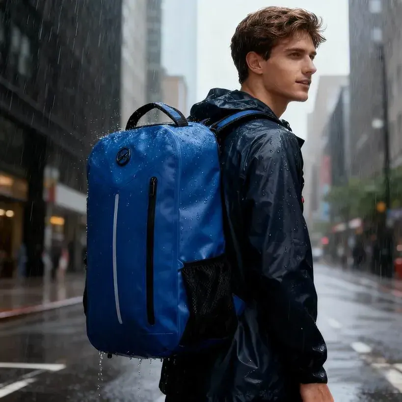 Waterproof outdoor travel backpack worn at an airport terminal with the sternum strap fastened and a water bottle in a side pocket