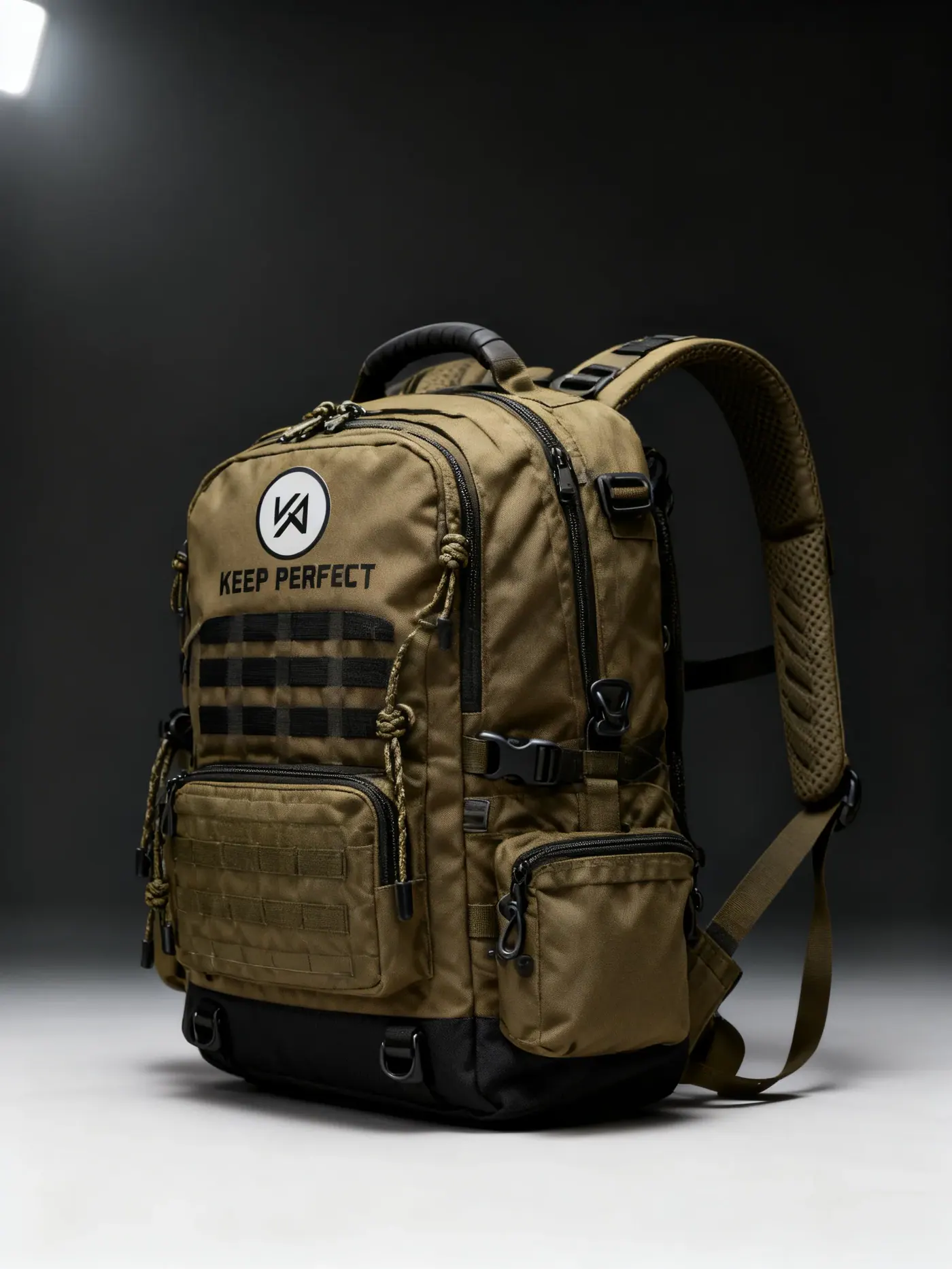 Waterproof hiking backpack worn on a forest trail in light rain with water beading on the laminated shell and a rolled collar