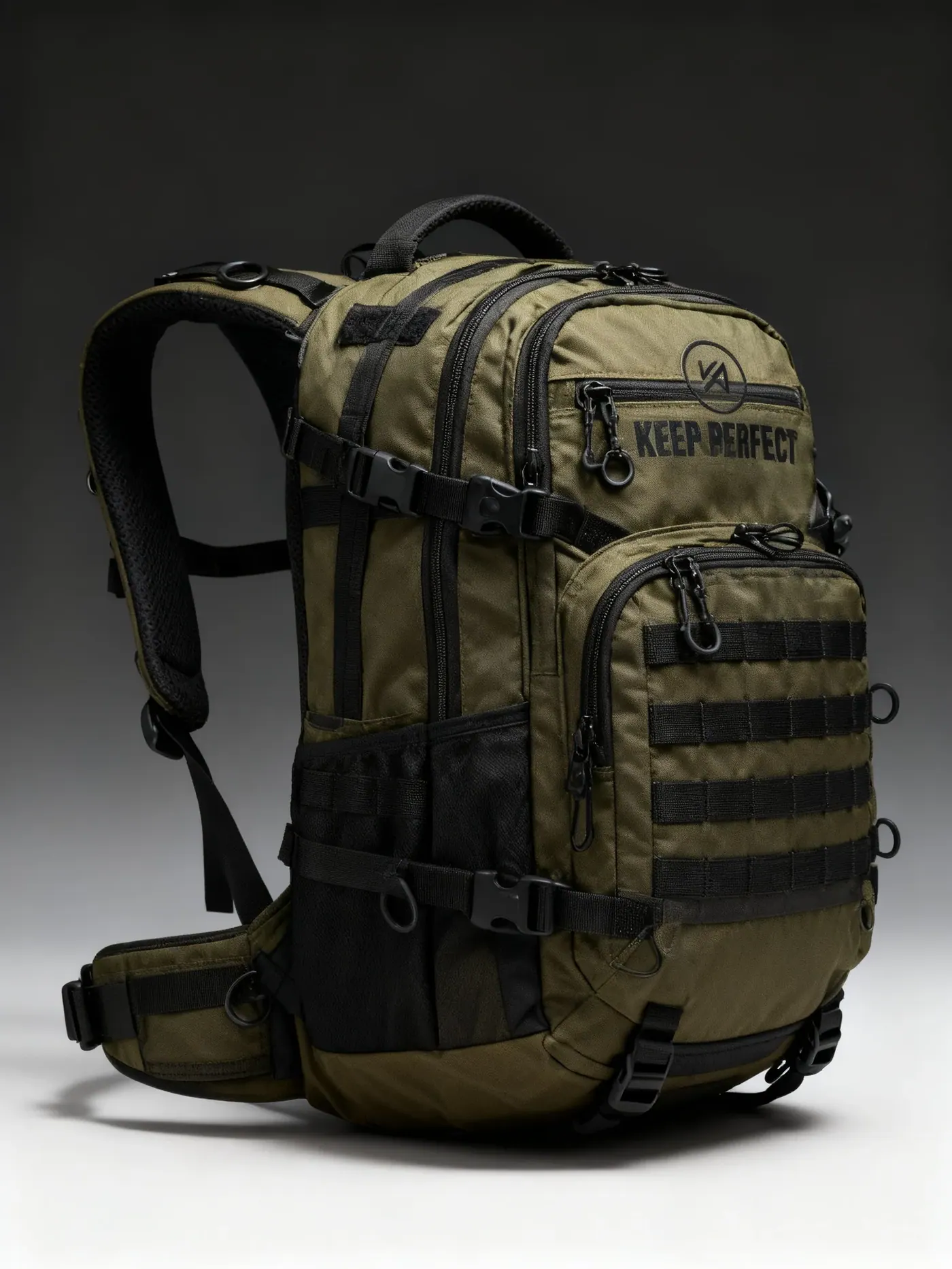 Loaded outdoor backpack worn on a gravel track leading down towards a sheltered launch point beside a kayak
