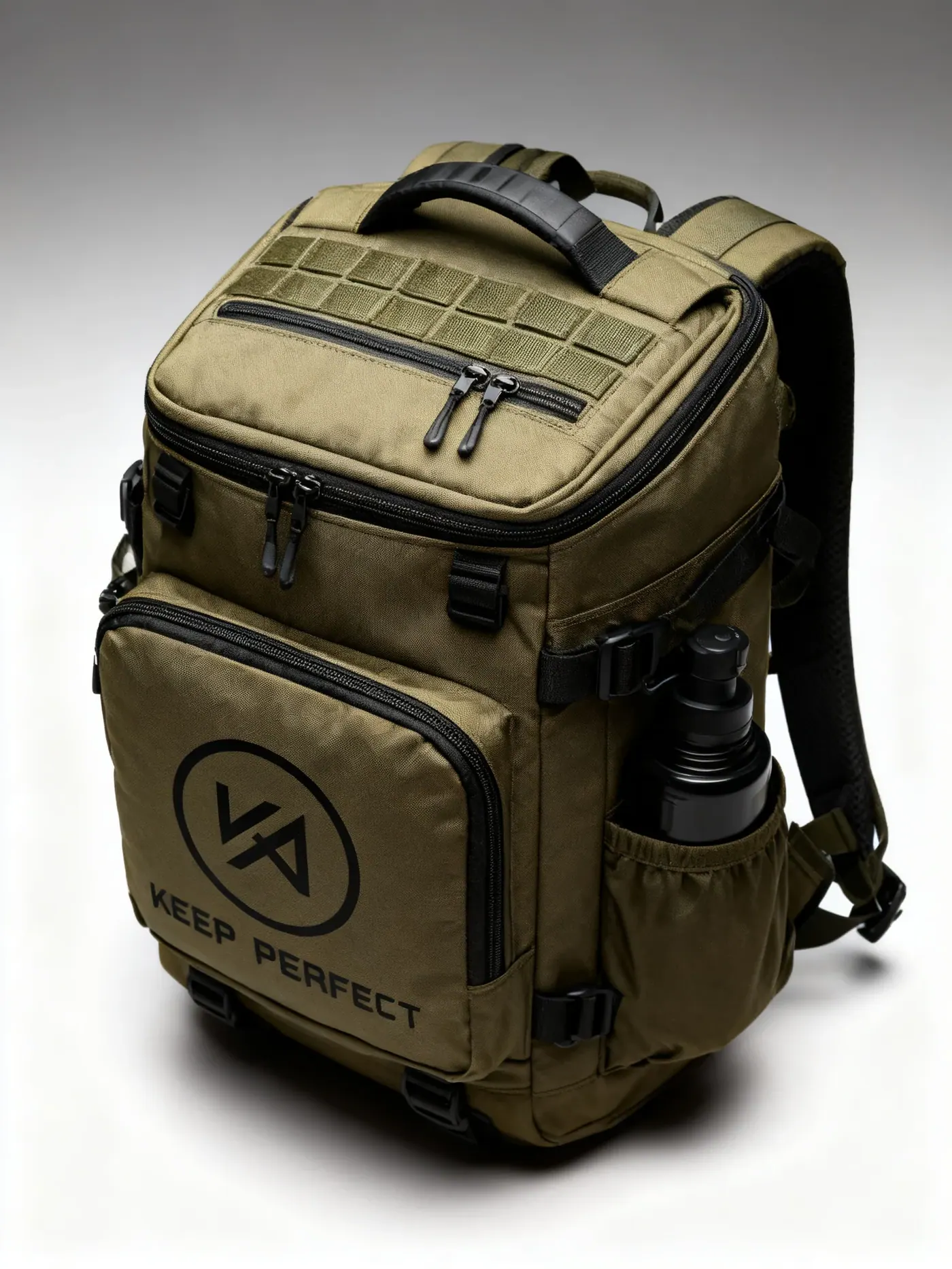 Outdoor backpack lying open after a coastal session with webbing adjusters and rings exposed to dry in shade