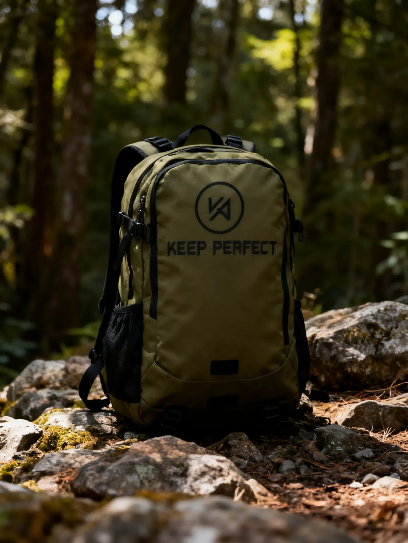 Waterproof camera backpack standing open beside a misty waterfall with a sealed lens module and a microfibre cloth resting on a wet rock ledge