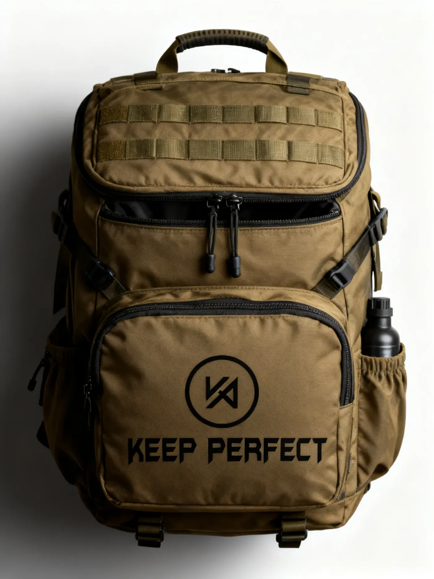 Waterproof laptop backpack worn on a rainy city street with the roll-top closed and a wet umbrella stowed in a side pocket