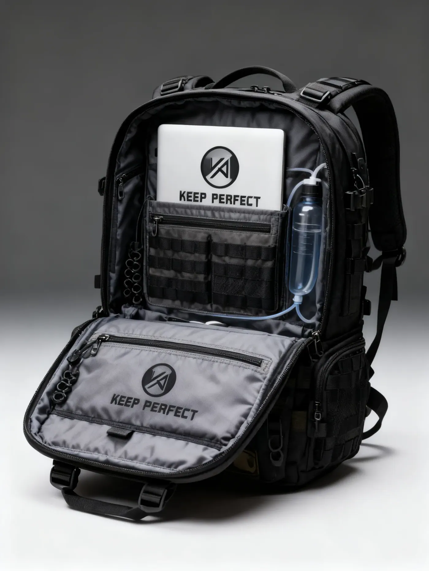 Waterproof boating backpack rinsed with fresh water and hung open to dry on a dock rail after a saltwater trip