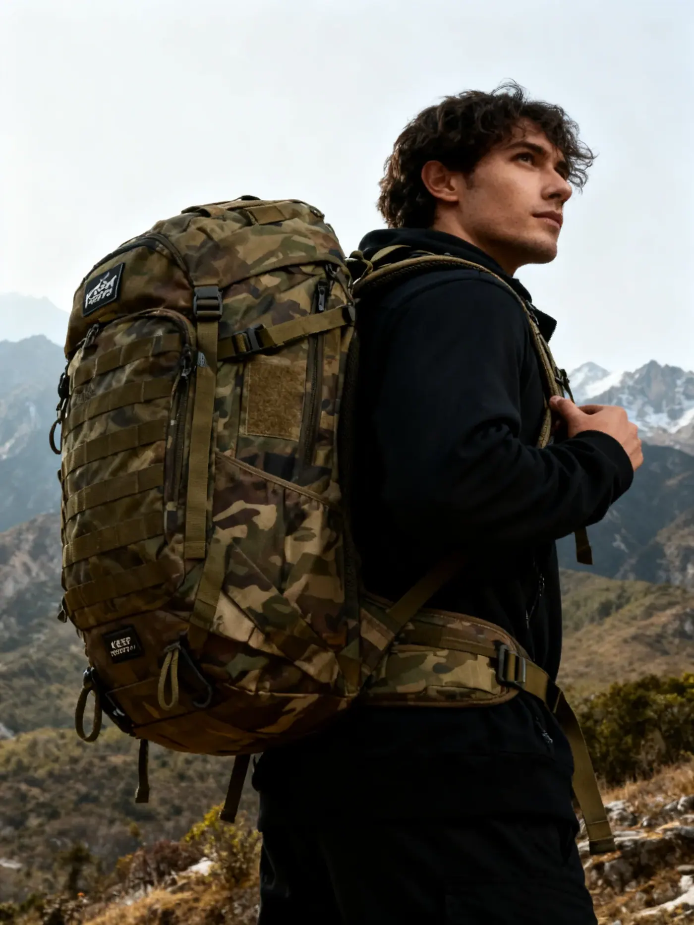 Outdoor backpack with a moulded base and welded seams standing upright on a wet surface in daylight