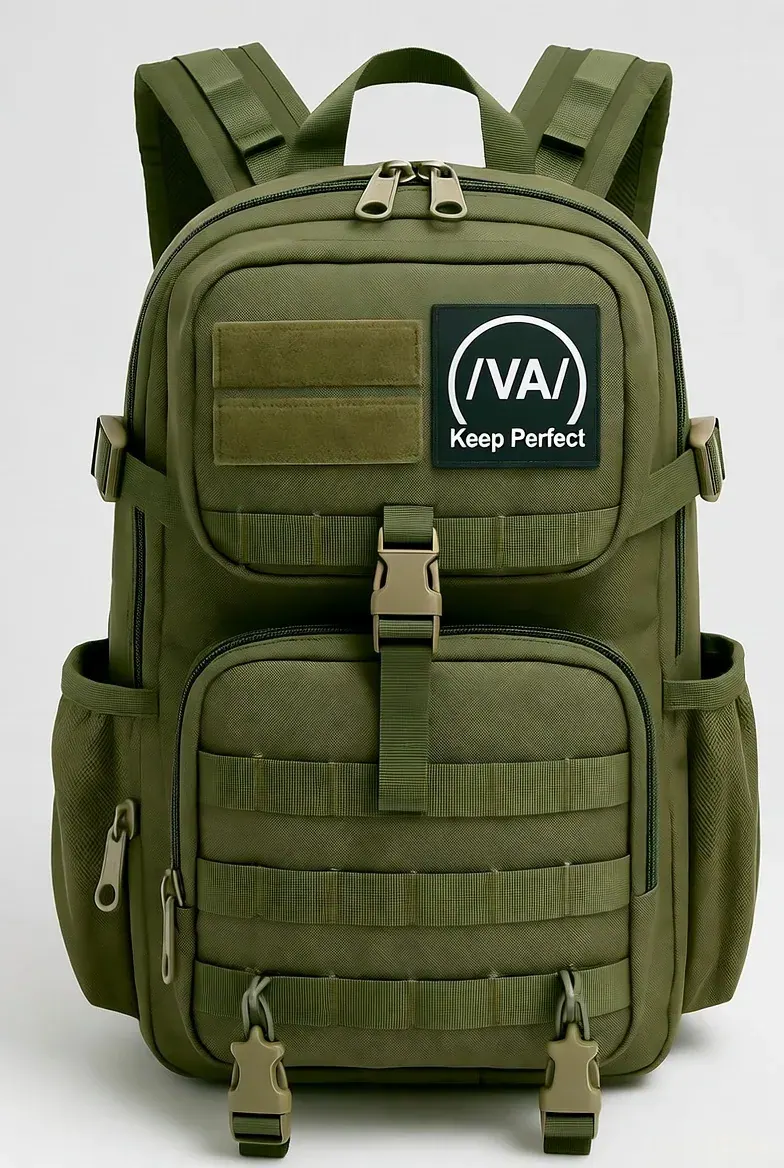 Waterproof travel backpack carried across a wet ferry deck with side straps compressed for transit